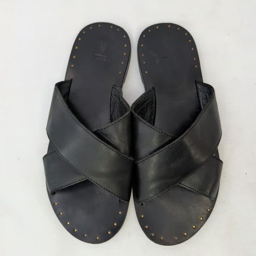 Frye Blair Slide Sandals Womens 8M Black Leather Criss Cross Studded Pre-Owned